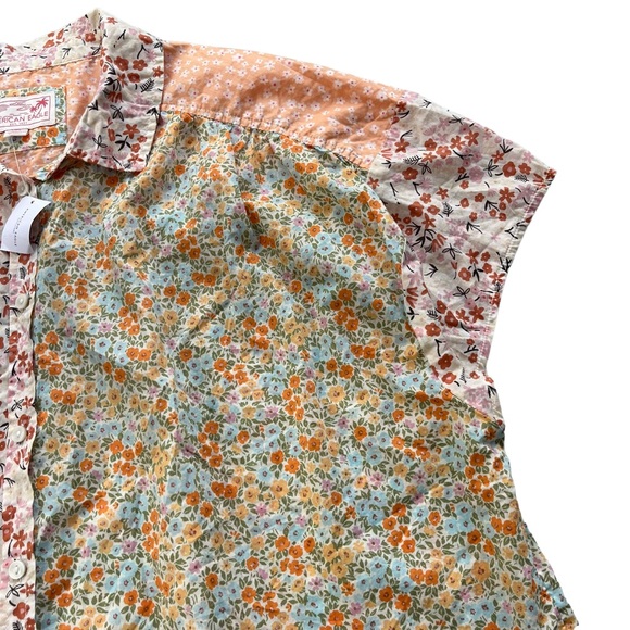 American Eagle Women's Large Orange & Floral Oversized Resort Button Front Shirt - Picture 9 of 13
